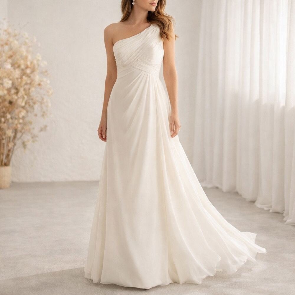 Mori Lee by Madeline Gardner Ivory One Shoulder Chiffon Wedding Gown Sz 12